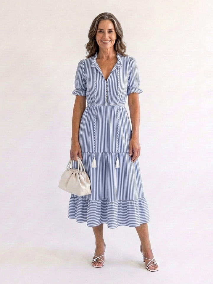 Dakota | Short Sleeve Striped Tiered Midi Dress