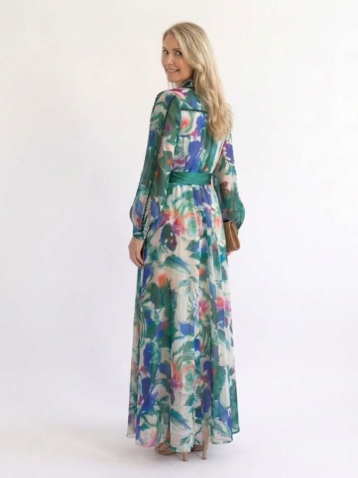 Carolina | Long Sleeve Printed Belted Maxi Dress