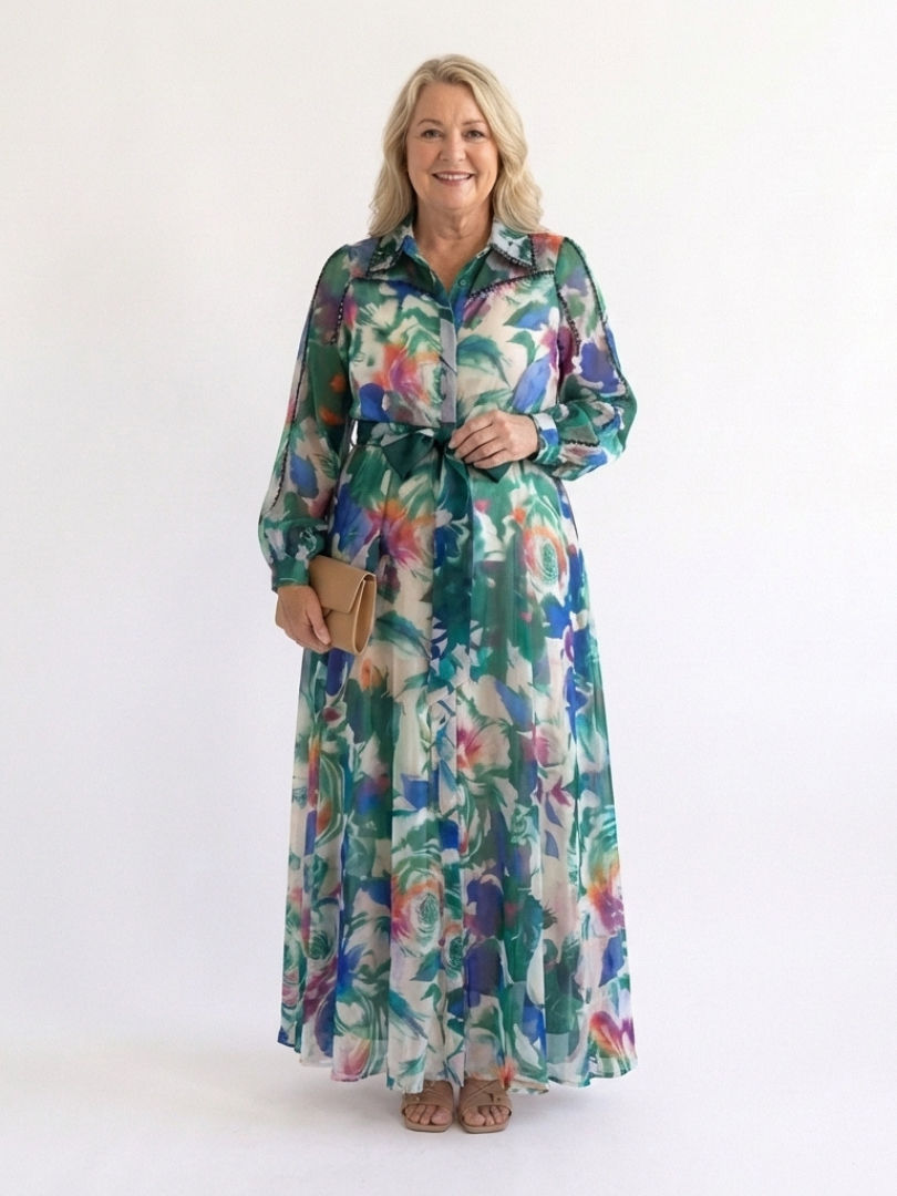 Carolina | Long Sleeve Printed Belted Maxi Dress