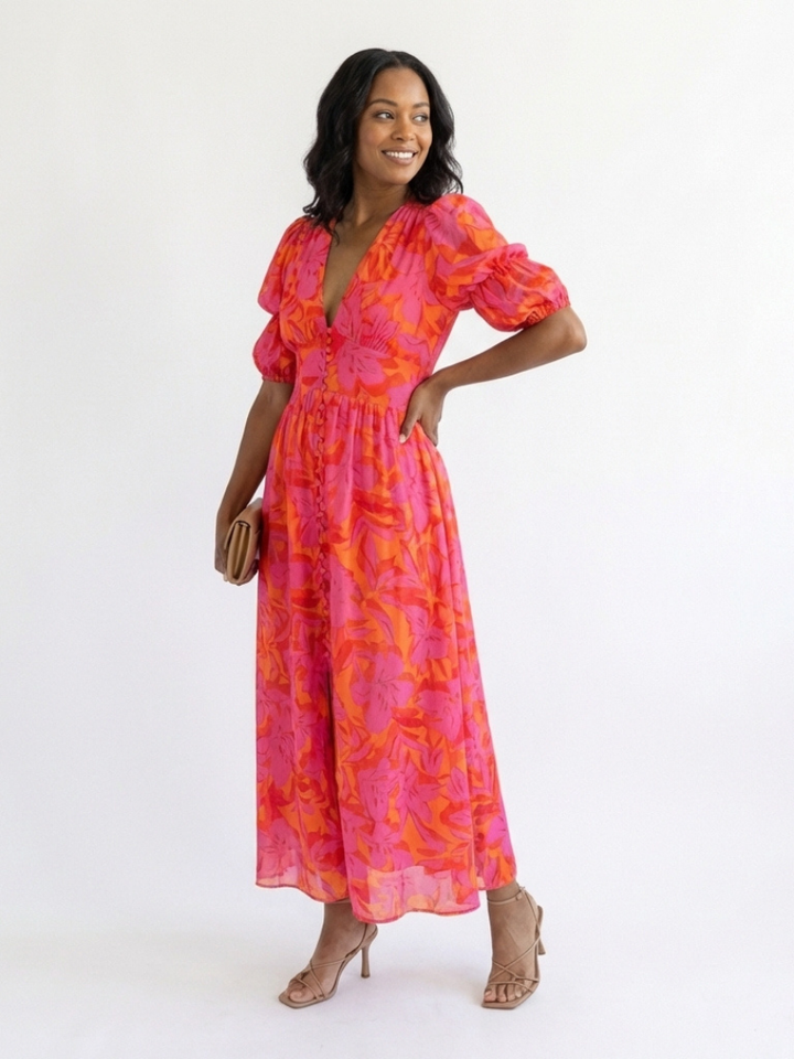 Willow | Floral V Neck Puff Sleeve Midi Dress