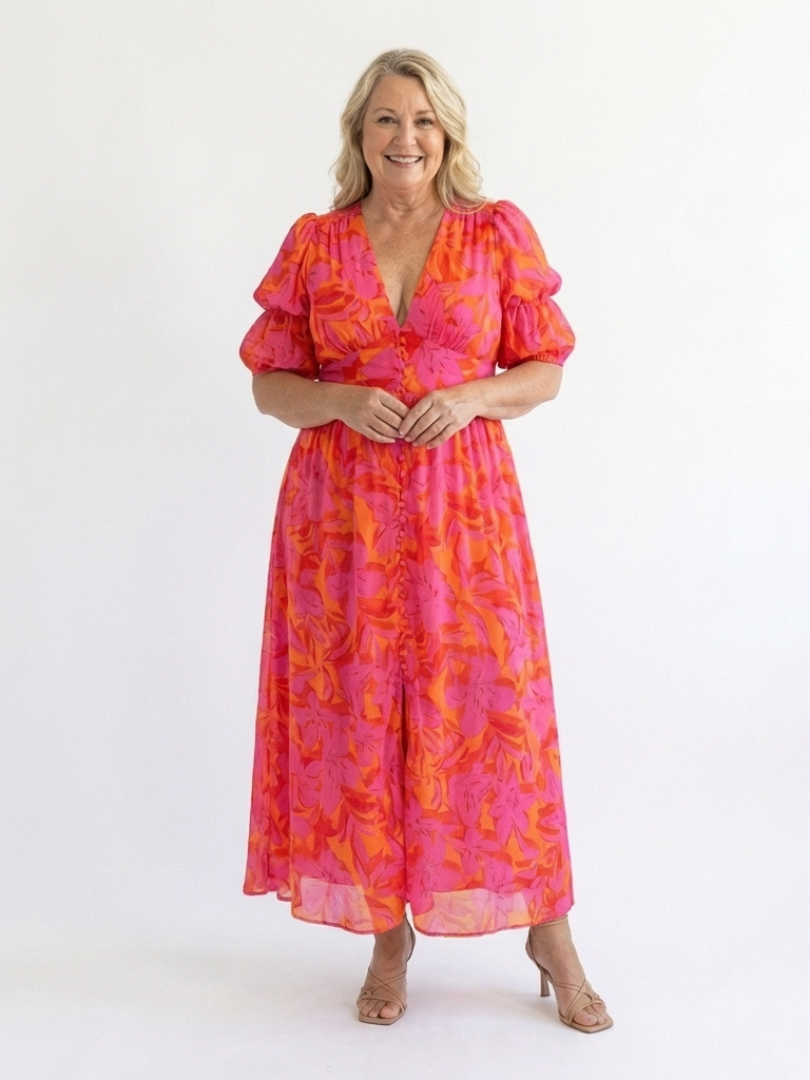 Willow | Floral V Neck Puff Sleeve Midi Dress