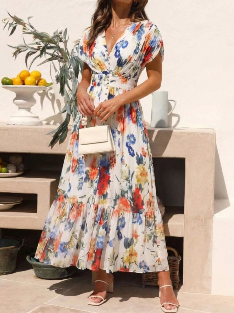 Savannah | Short Sleeve Pleated Floral Midi Dress