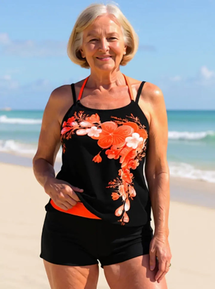 Avery | Floral Print Cross Strap Halter Tankini Set