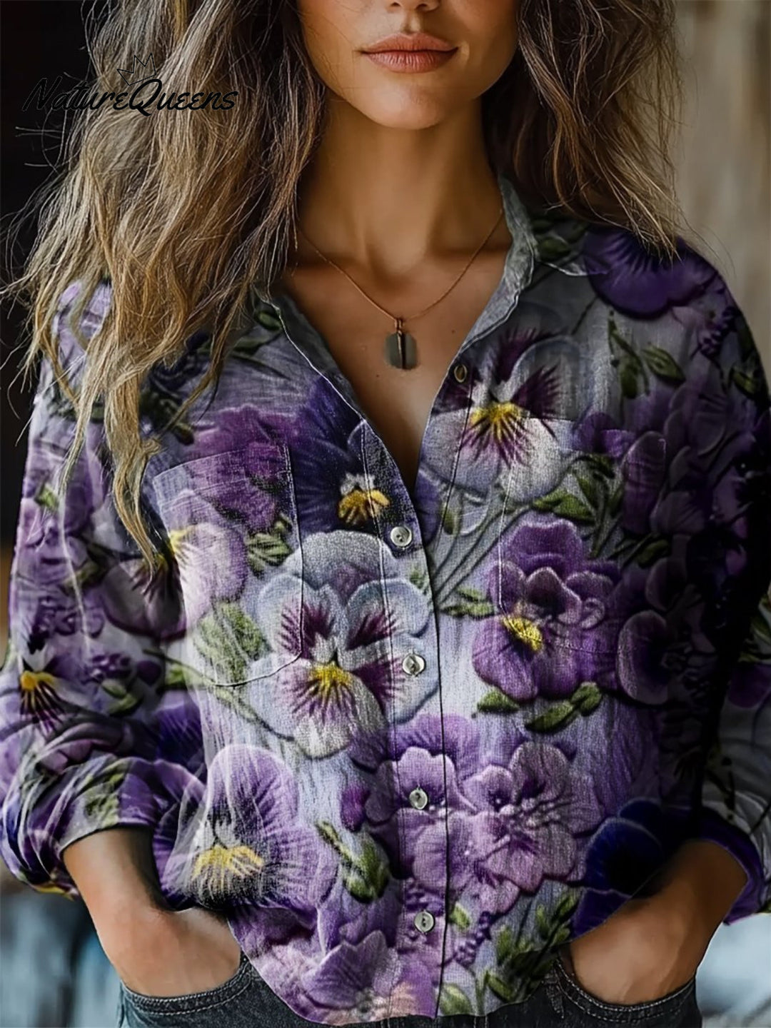 Stephanie | Purple Flowers Print Casual Long Sleeve Comfortable Cotton Shirt